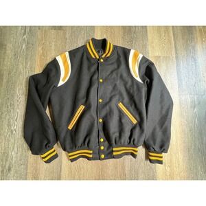 Holloway Varsity Jacket Mens Medium Black Gold Good Wool Leather Letterman